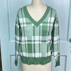Christian Siriano New York Plaid V-Neck Sweater Pullover Green & White Sz Small